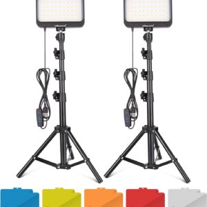UBeesize LED Video Light Kit, 2Pcs Dimmable Continuous Portable Photography Lighting with Adjustable Tripod Stand & 5 Color Filters for Tabletop/Low-Angle Shooting, for Zoom, Game Streaming, YouTube