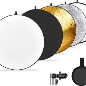 NEEWER 32"/80cm Photography Reflector Light Diffuser & Reflector Holder Clamp for Light Stand, 5in1 Pop up Disc Reflector Kit with Bag-Translucent/Gold/Silver/Black/White for Outdoor Lighting, RF-80