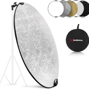 WELLMAKING 32 Inch (80cm) Reflector Photography, Collapsible Light Reflector with Bag & tilt Adapter, 5 in 1 Handle Reflector for Studio & Outdoor Lighting -Translucent, Silver, Gold, White and Black