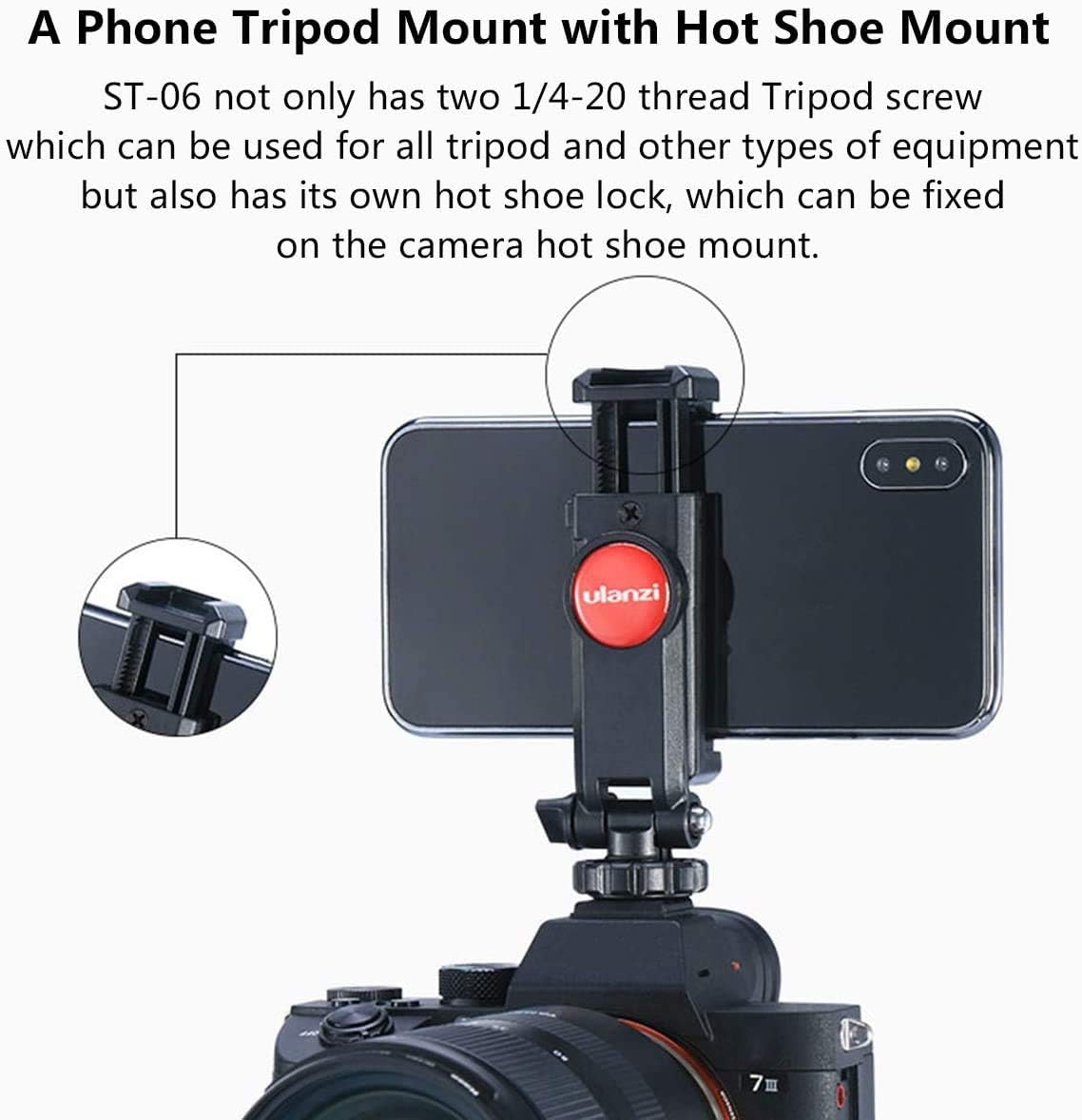 ULANZI ST-06 Camera Hot Shoe Phone Holder Flexible Phone Tripod Mount Adapter w Cold Shoe Mount for Microphone LED Light for DJI Ronin SC iPhone Samsung Canon Nikon DSLR Photography - Image 2