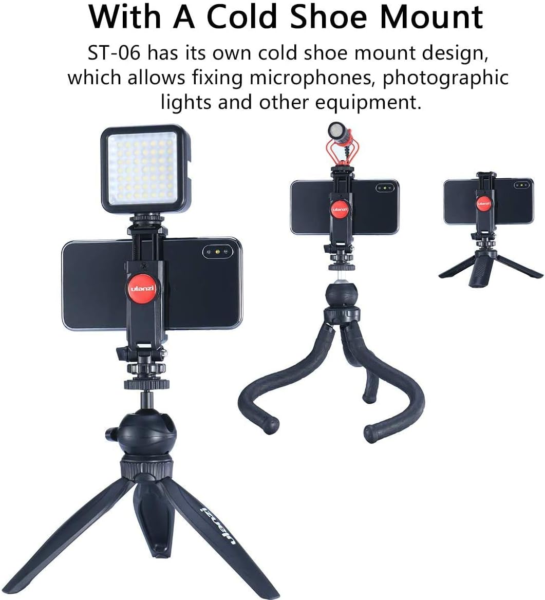 ULANZI ST-06 Camera Hot Shoe Phone Holder Flexible Phone Tripod Mount Adapter w Cold Shoe Mount for Microphone LED Light for DJI Ronin SC iPhone Samsung Canon Nikon DSLR Photography - Image 5