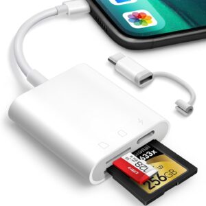 SD Card Reader for iPhone iPad, Oyuiasle Trail Game Camera SD Card Viewer with Dual Slot for MicroSD/SD, Lightening&USBC Dual-Connector Memory Card Adapter for Photography, Plug and Play