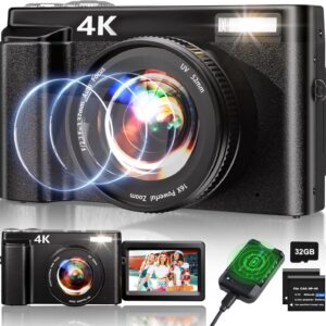 4K Digital Camera for Photography, 48MP Auto-Focus Vlogging Camera for YouTube, 16X Digital Zoom/ 3" 180° Flip Screen/Anti Shake/Flash with SD Card, Compact HD Camera (2 Batteries & Battery Charger)