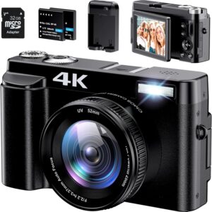 4K Digital Camera for Photography Autofocus 48MP 4K Camera with SD Card, 180° 3.0 inch Flip Screen Vlogging Camera for YouTube Video Compact Cameras with 16X Digital Zoom, Anti-Shake, 2 Batteries
